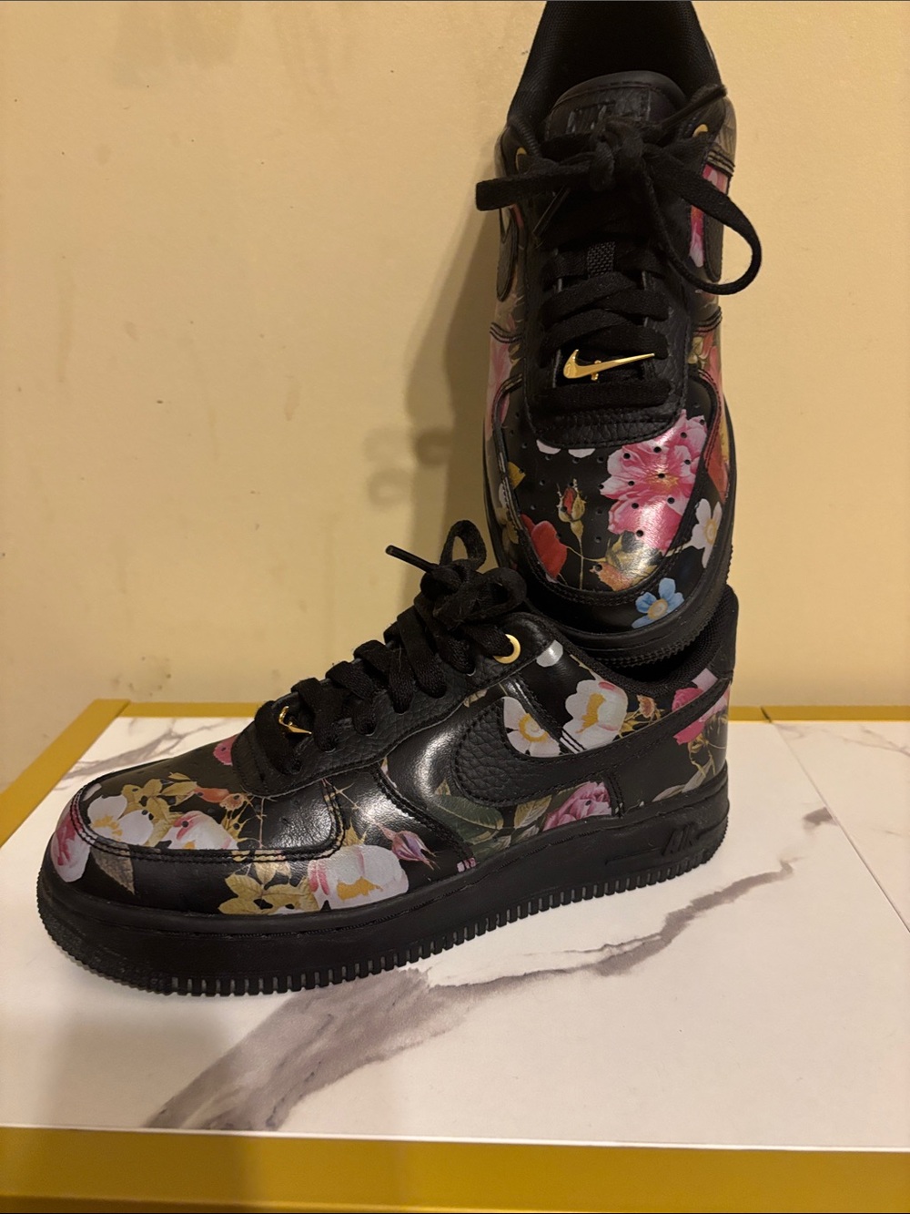 Nike Women’s Black Floral Low-Top Sneakers with Gold Accents